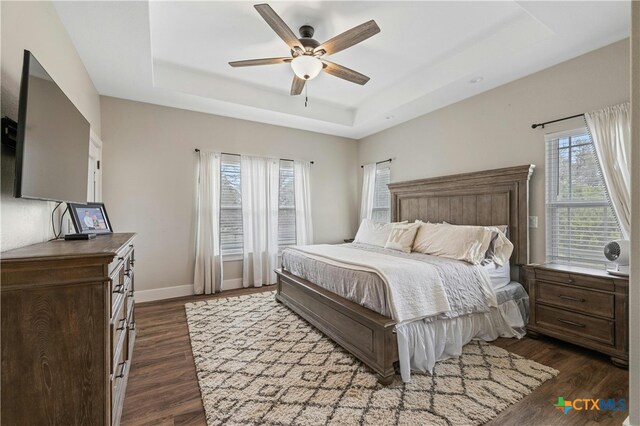 bedroom featuring dark hardwood / wood-style flooring, ceiling fan, and a raised ceiling