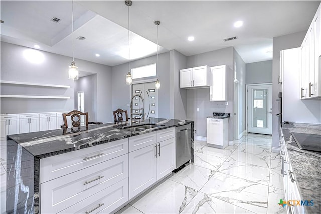 kitchen featuring sink, pendant lighting, dark stone countertops, dishwasher, and white cabinetry