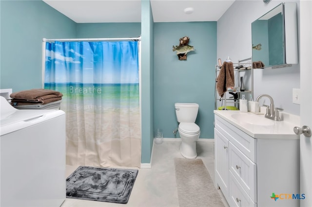 bathroom featuring toilet, vanity, and curtained shower