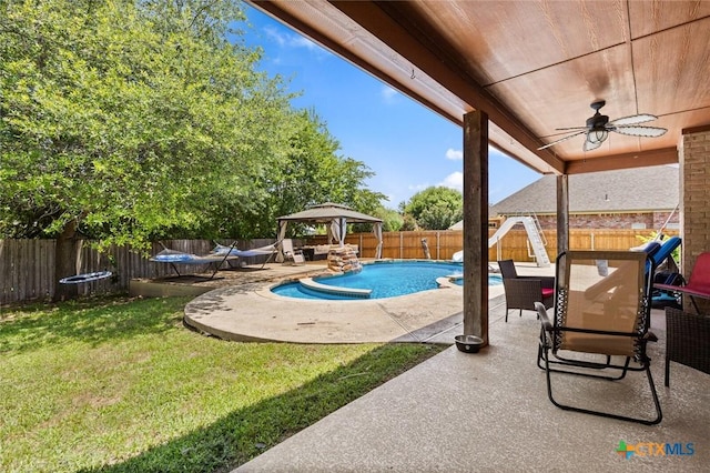 2123 Grizzly Trl, Harker Heights, TX 76548 - view of pool with a gazebo, ceiling fan, a fenced backyard, and a patio area