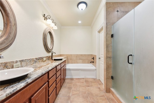 bathroom featuring shower with separate bathtub, vanity, and ornamental molding