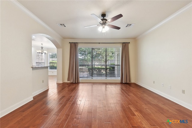 unfurnished room with ornamental molding, ceiling fan with notable chandelier, and hardwood / wood-style flooring