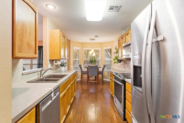 kitchen with sink, stainless steel appliances, hanging light fixtures, and dark hardwood / wood-style floors