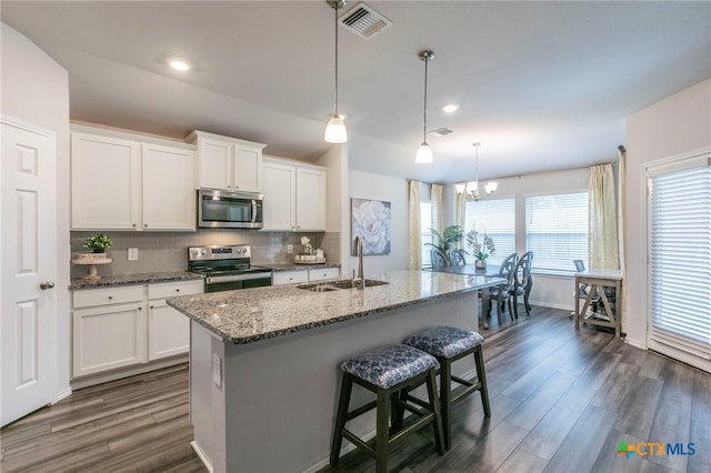 3130 Wigeon Way, Copperas Cove, TX 76522 - kitchen featuring appliances with stainless steel finishes, dark wood-type flooring, backsplash, stone countertops, and white cabinets