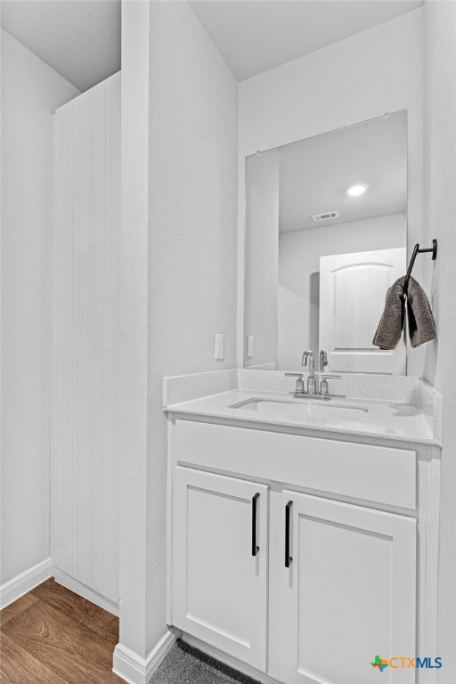 bathroom with wood-type flooring and vanity