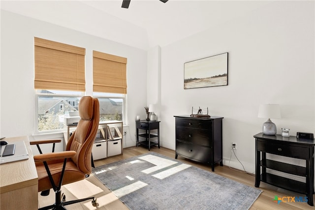 office area featuring a ceiling fan and wood finished floors