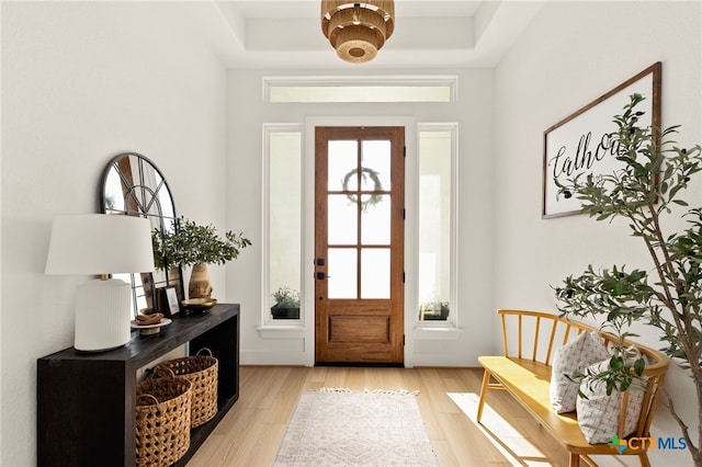 foyer featuring light wood-type flooring and a raised ceiling