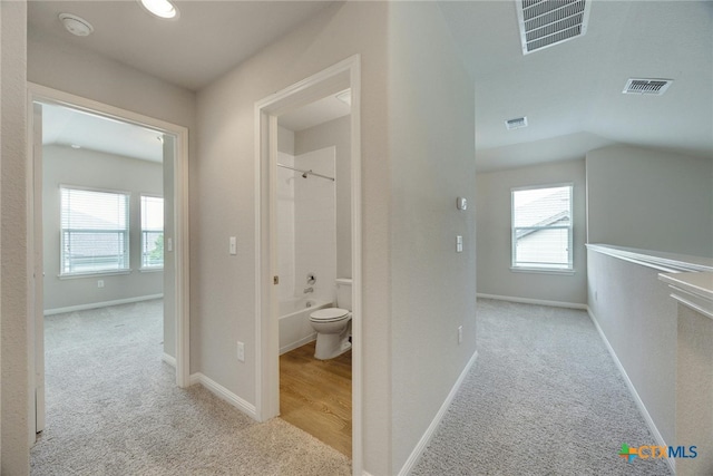 corridor featuring plenty of natural light and light carpet