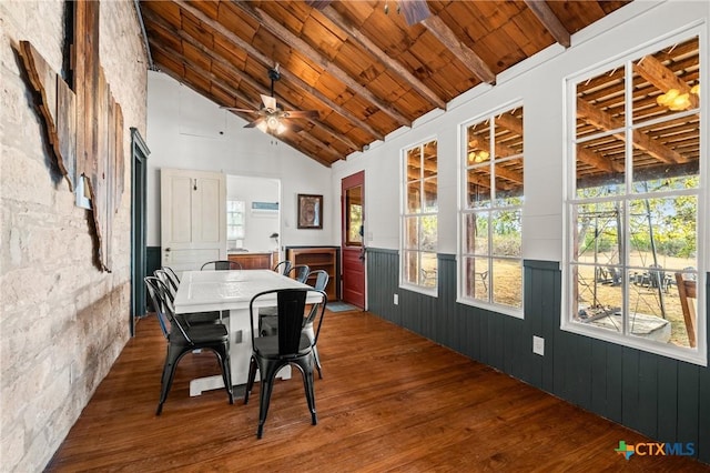 dining room featuring ceiling fan, high vaulted ceiling, and a healthy amount of sunlight