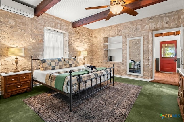 bedroom with a wall mounted air conditioner, ceiling fan, and beamed ceiling