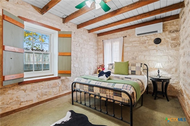 bedroom with an AC wall unit, multiple windows, ceiling fan, and concrete floors