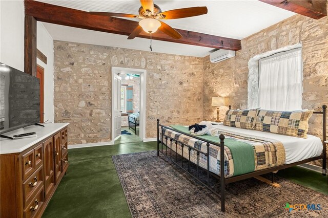 bedroom featuring a wall unit AC, ceiling fan, and beamed ceiling