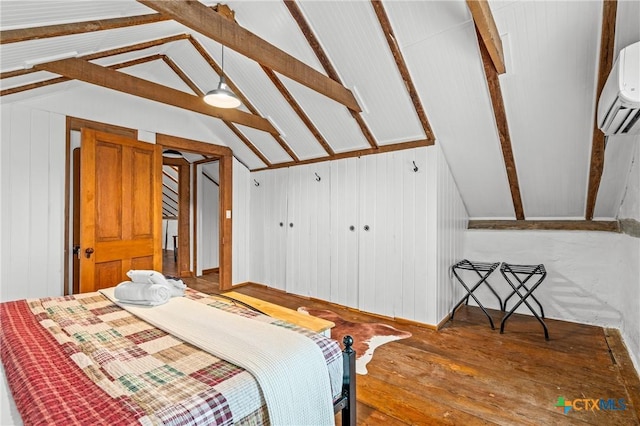 bedroom with lofted ceiling with beams, hardwood / wood-style flooring, a wall mounted AC, and wood walls