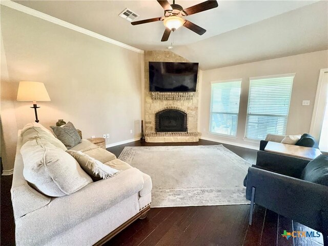 416 Coventry Dr, Temple, TX 76502 - living room featuring ceiling fan, dark wood-style flooring, a fireplace, baseboards, and lofted ceiling