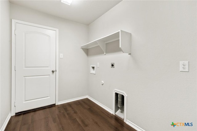 clothes washing area with laundry area, gas dryer hookup, dark wood-style floors, hookup for a washing machine, and electric dryer hookup