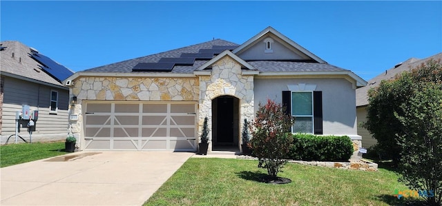 9012 Lonesome Oak Dr, Temple, TX 76502 - french country inspired facade with stone siding, an attached garage, a front yard, concrete driveway, and stucco siding