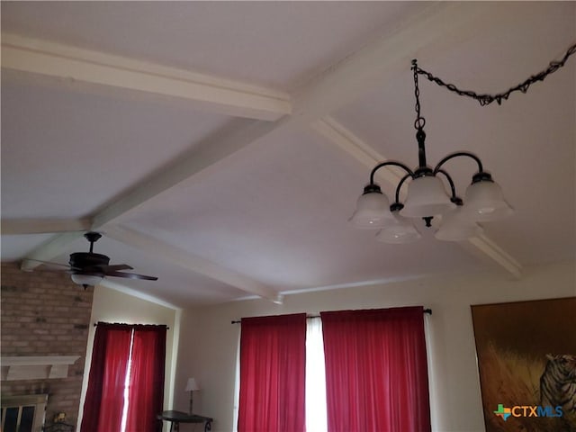 details with ceiling fan, beam ceiling, and a brick fireplace