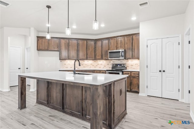 kitchen with sink, appliances with stainless steel finishes, tasteful backsplash, an island with sink, and decorative light fixtures