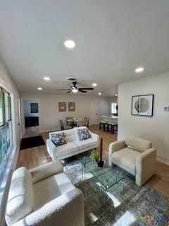 3524 Swan St, Fort Worth, TX 76117 - living room featuring wood finished floors, recessed lighting, and ceiling fan