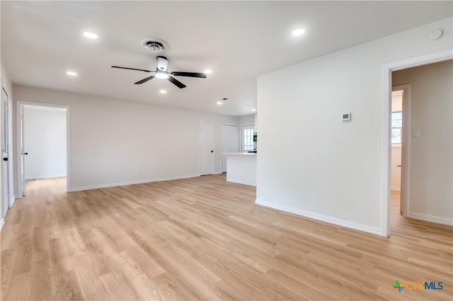 3524 Swan St, Fort Worth, TX 76117 - unfurnished living room with a ceiling fan, light wood-type flooring, and recessed lighting