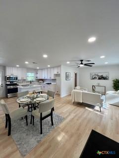 3524 Swan St, Fort Worth, TX 76117 - dining space featuring light wood-style floors, ceiling fan, and recessed lighting