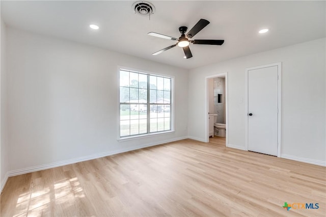 3524 Swan St, Fort Worth, TX 76117 - unfurnished bedroom with light wood-type flooring, ensuite bath, recessed lighting, and a ceiling fan