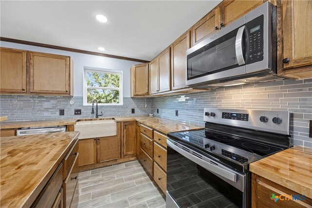 kitchen featuring sink, butcher block countertops, appliances with stainless steel finishes, and tasteful backsplash