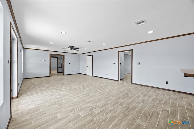 unfurnished room with light wood-type flooring, ceiling fan, and crown molding