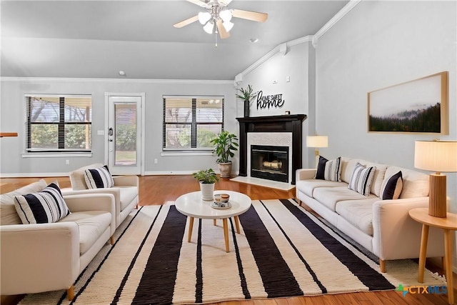 living area featuring a fireplace with flush hearth, ornamental molding, a wealth of natural light, and wood finished floors