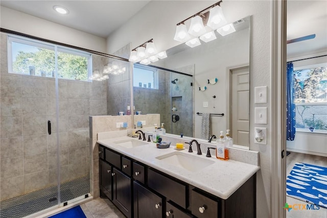 bathroom featuring vanity, wood-type flooring, and a shower with door