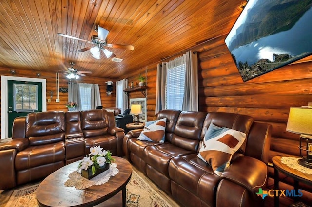 home theater room with a healthy amount of sunlight, log walls, ceiling fan, and wooden ceiling