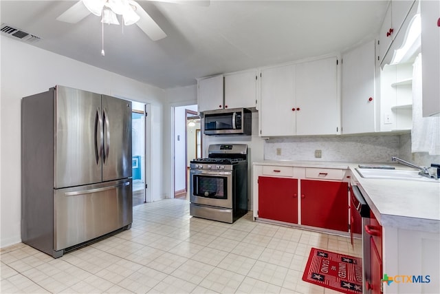 kitchen with white cabinets, sink, ceiling fan, backsplash, and appliances with stainless steel finishes