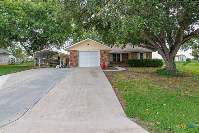 ranch-style home with a garage, a front lawn, and a carport