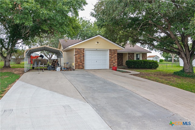 single story home featuring a garage, a carport, and a front lawn