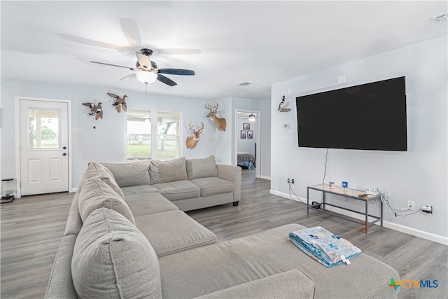 living room with wood-type flooring and ceiling fan