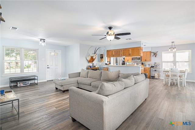 living room with ceiling fan and light hardwood / wood-style flooring