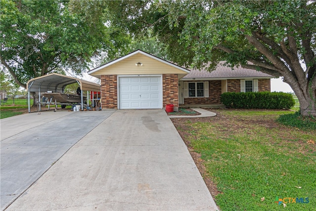 ranch-style home with a garage, a carport, and a front lawn