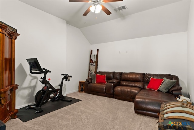 interior space featuring ceiling fan, carpet flooring, and lofted ceiling