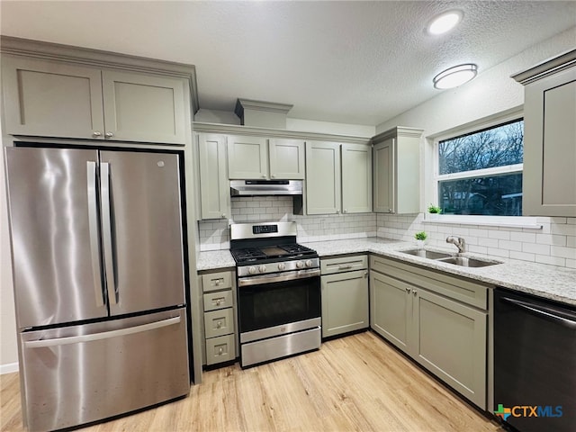 kitchen featuring light wood finished floors, stainless steel appliances, gray cabinetry, a sink, and under cabinet range hood