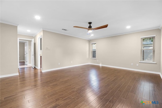 221 W Tanglewood Dr, New Braunfels, TX 78130 - unfurnished room with crown molding, ceiling fan, healthy amount of natural light, dark wood-style flooring, and recessed lighting