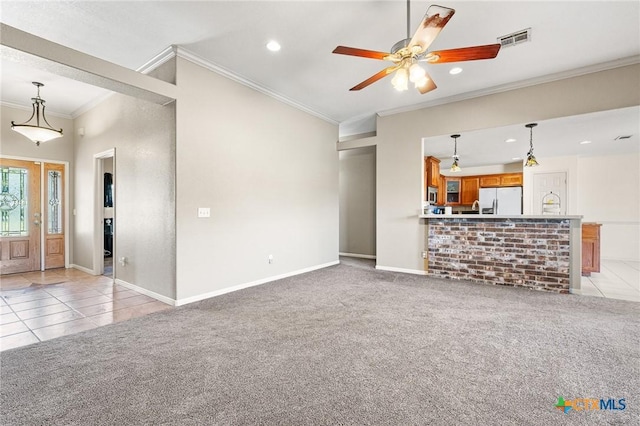 3197 Robin Ln, Kempner, TX 76539 - unfurnished living room featuring light carpet, recessed lighting, ornamental molding, baseboards, and a ceiling fan