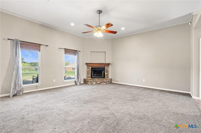 3197 Robin Ln, Kempner, TX 76539 - unfurnished living room featuring crown molding, a ceiling fan, baseboards, a fireplace, and carpet