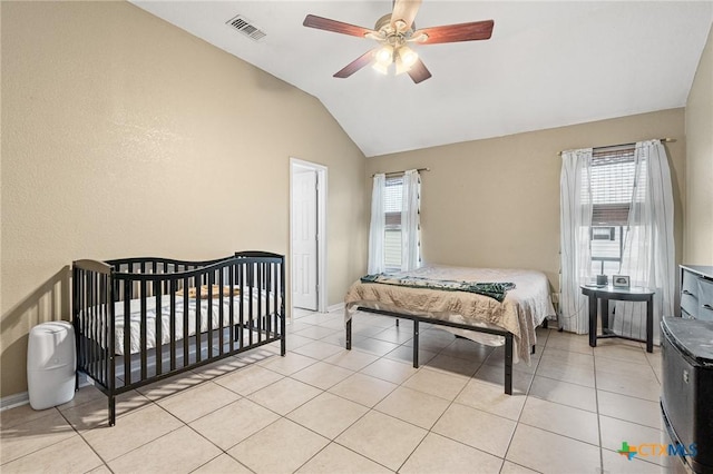 3197 Robin Ln, Kempner, TX 76539 - bedroom featuring vaulted ceiling, ceiling fan, light tile patterned flooring, and baseboards