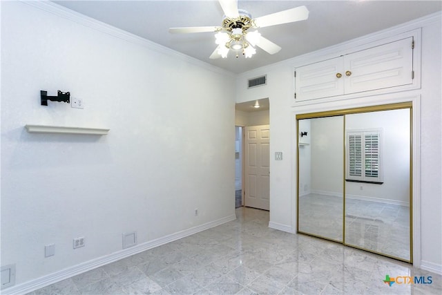 2110 Lakeview Loop, Killeen, TX 76543 - interior space featuring a closet, marble finish floor, baseboards, visible vents, and crown molding