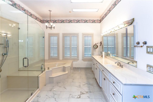 2110 Lakeview Loop, Killeen, TX 76543 - bathroom featuring a shower stall, a sink, double vanity, a bath, and marble finish floor