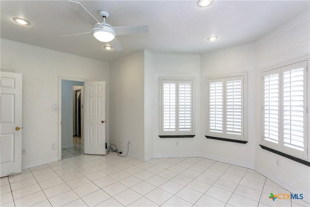 2110 Lakeview Loop, Killeen, TX 76543 - interior space with recessed lighting, light tile patterned floors, ceiling fan, crown molding, and baseboards