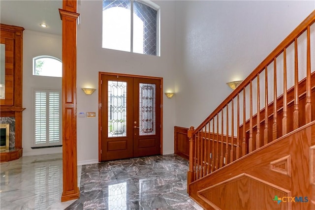 2110 Lakeview Loop, Killeen, TX 76543 - foyer entrance featuring a high ceiling, marble finish floor, french doors, and stairs