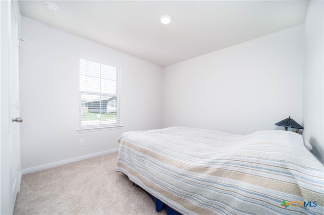 bedroom with light carpet