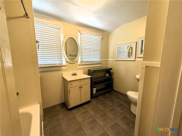 bathroom with toilet, vanity, and vaulted ceiling