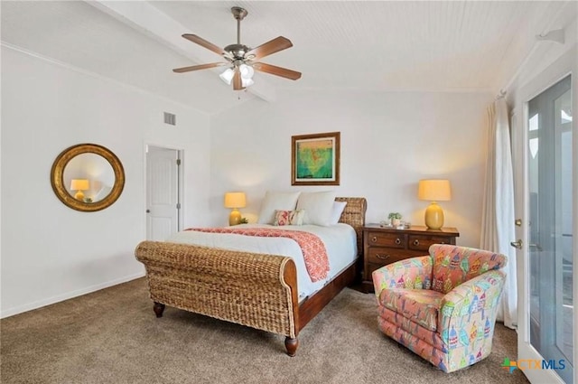 bedroom with lofted ceiling with beams, ceiling fan, and carpet